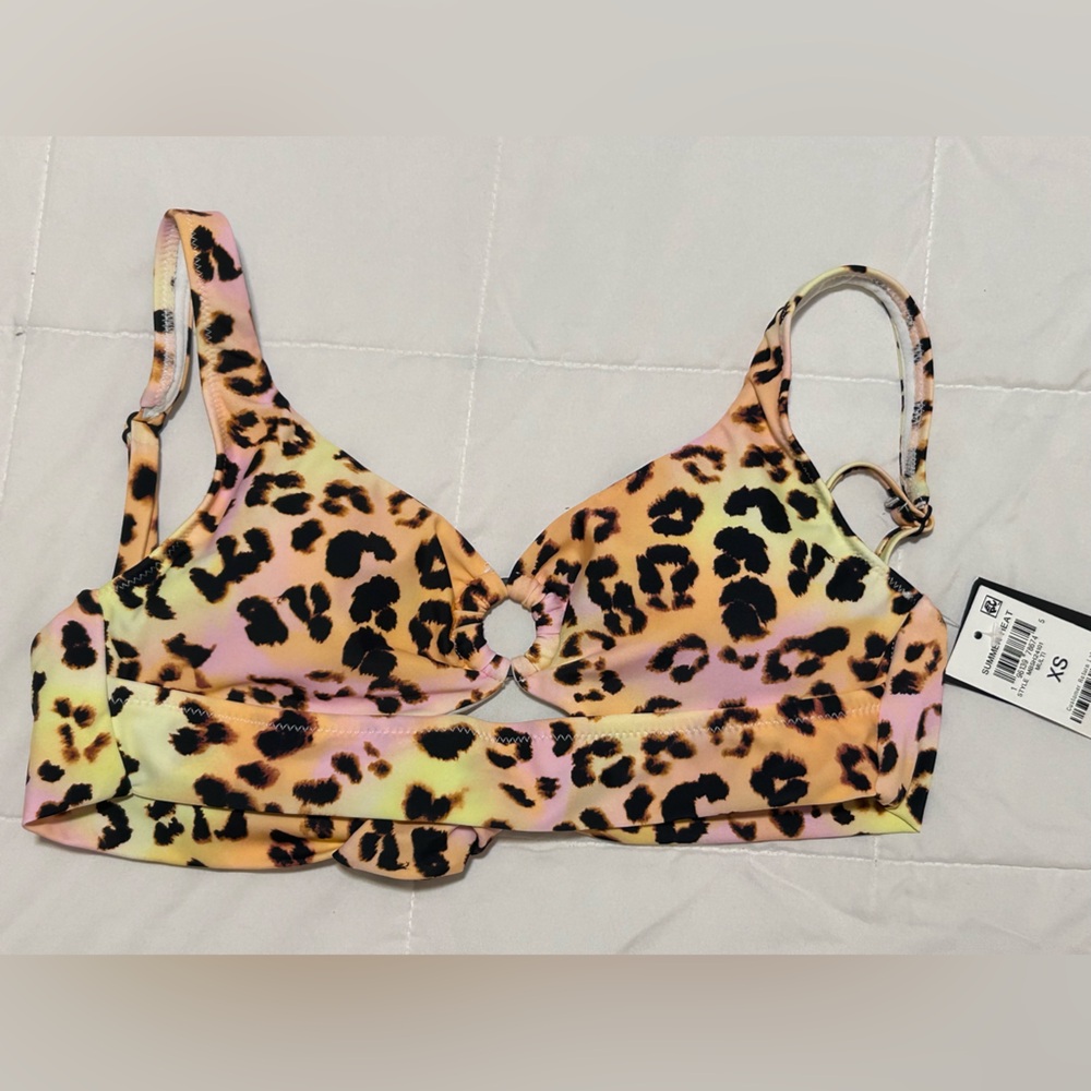Bar III Leopard Print Ring Bikini Top in Pink Yellow